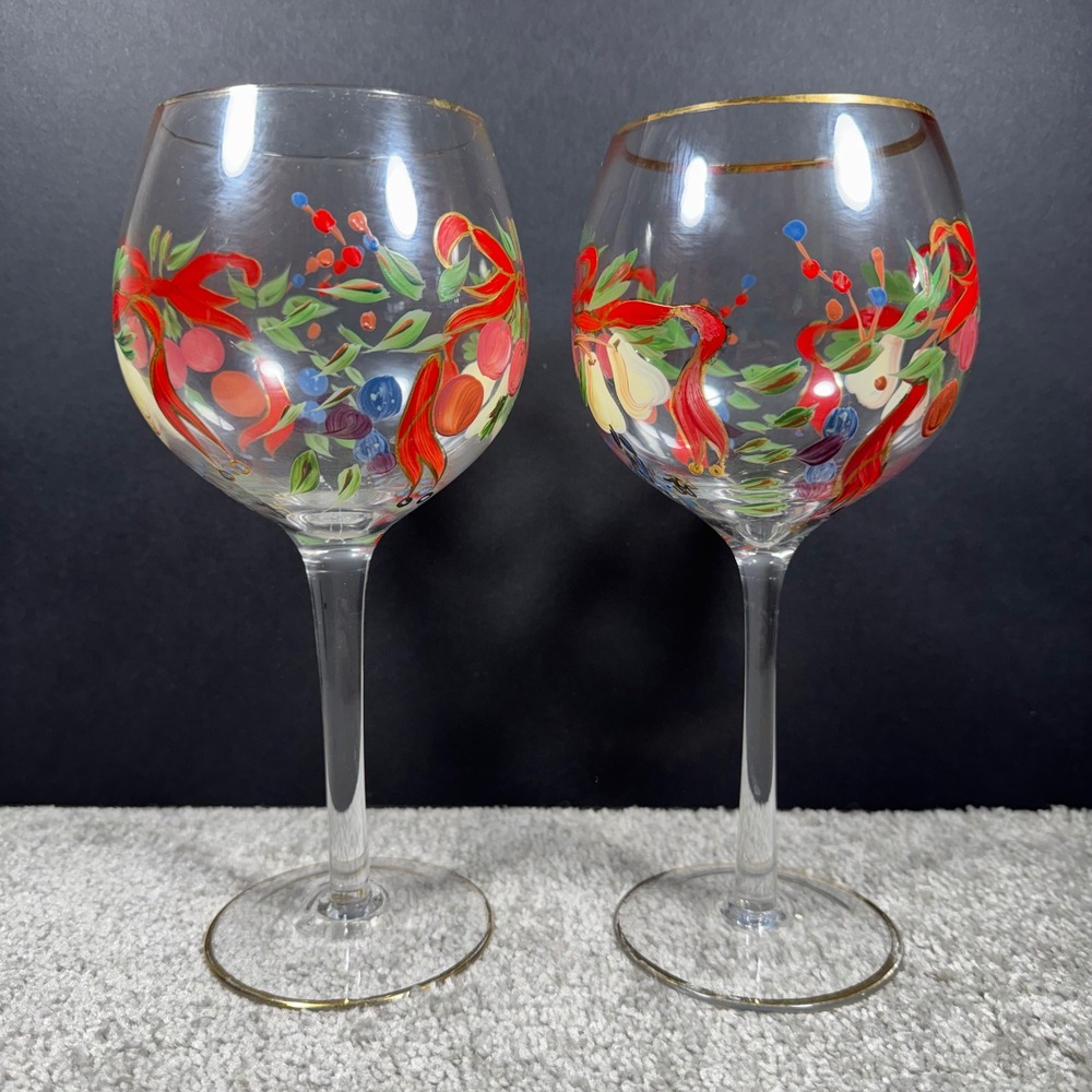 Wine‎ Glasses Clear Handpainted Fruit Ribbon Holiday Set of 2